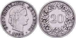 World Coins - Switzerland, 20 Rappen, 1908, Bern, Nickel, , KM:29