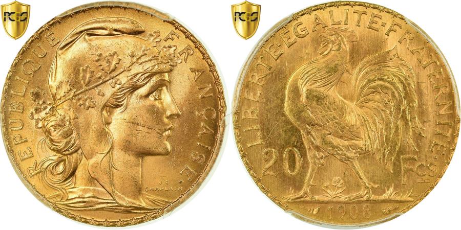 Coin, France, Marianne, 20 Francs, 1908, PCGS, MS65, Gold, KM:857, graded