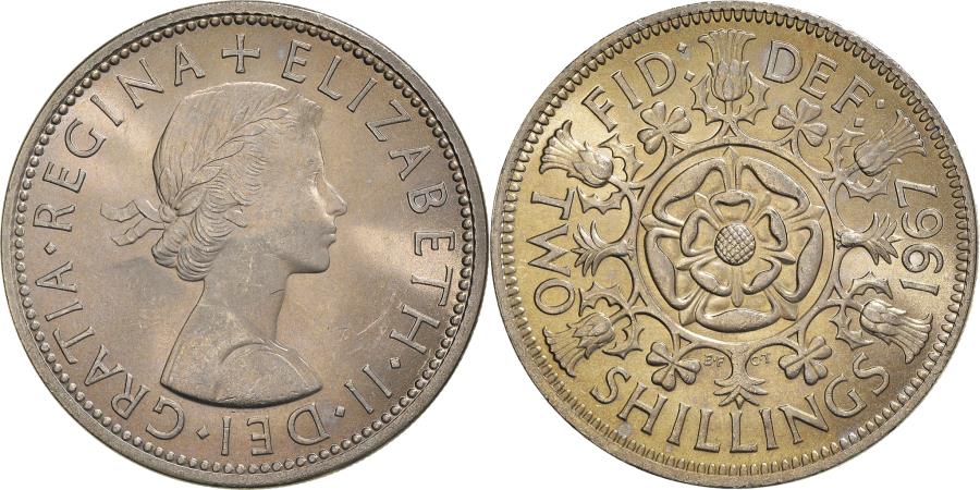 Coin, Great Britain, Elizabeth II, Florin, Two Shillings, 1967,