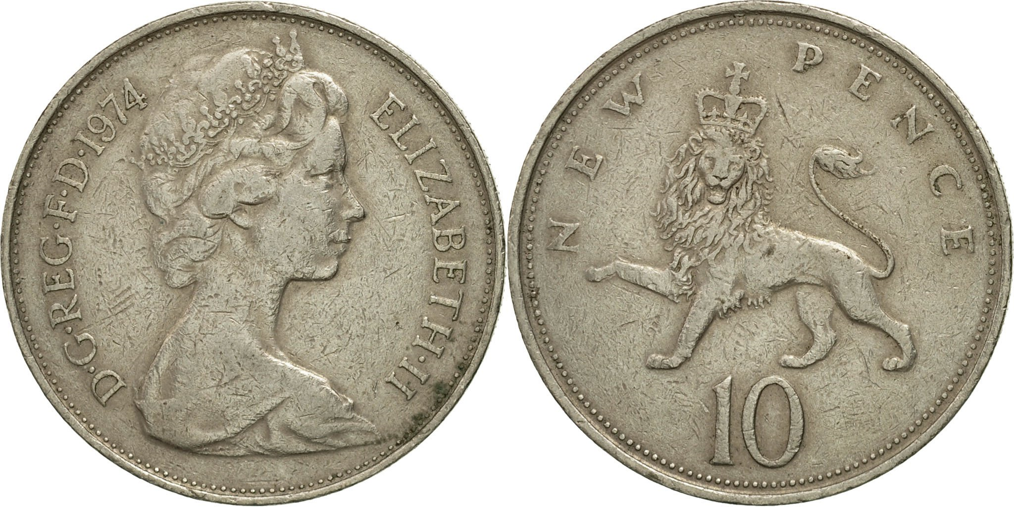 10枚 英国 イギリス 1977年 ブリティッシュ クラウン  Great Britain, Elizabeth II, 10 New Pence, 1974, , Copper-nickel