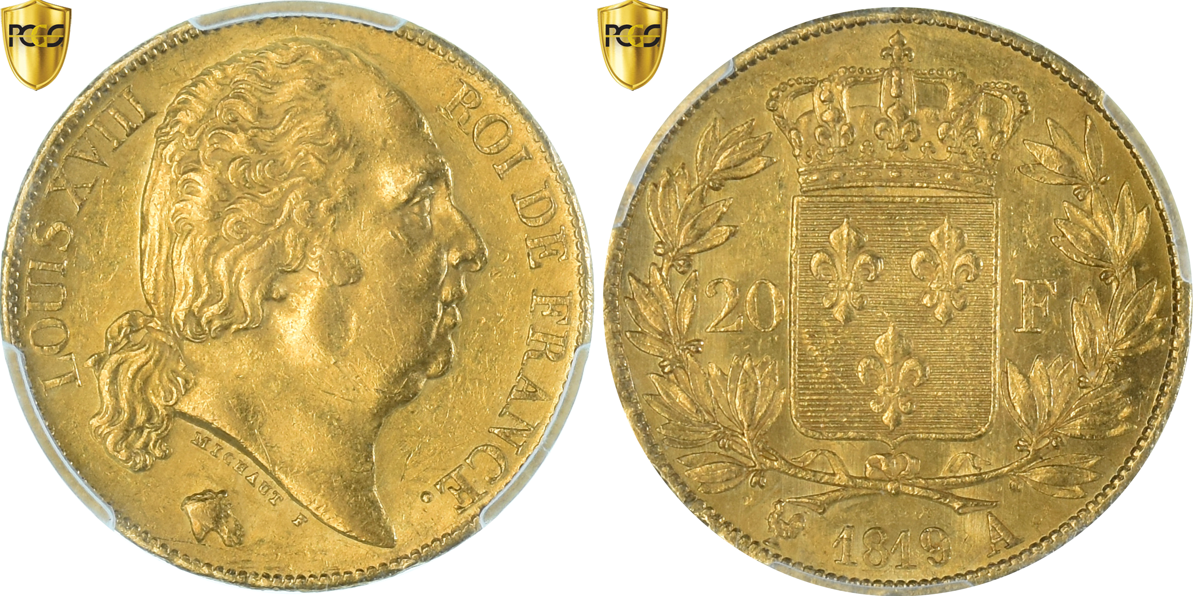 Coin, France, Louis XVIII, 20 Francs, 1819, Paris, PCGS, MS62, , Gold