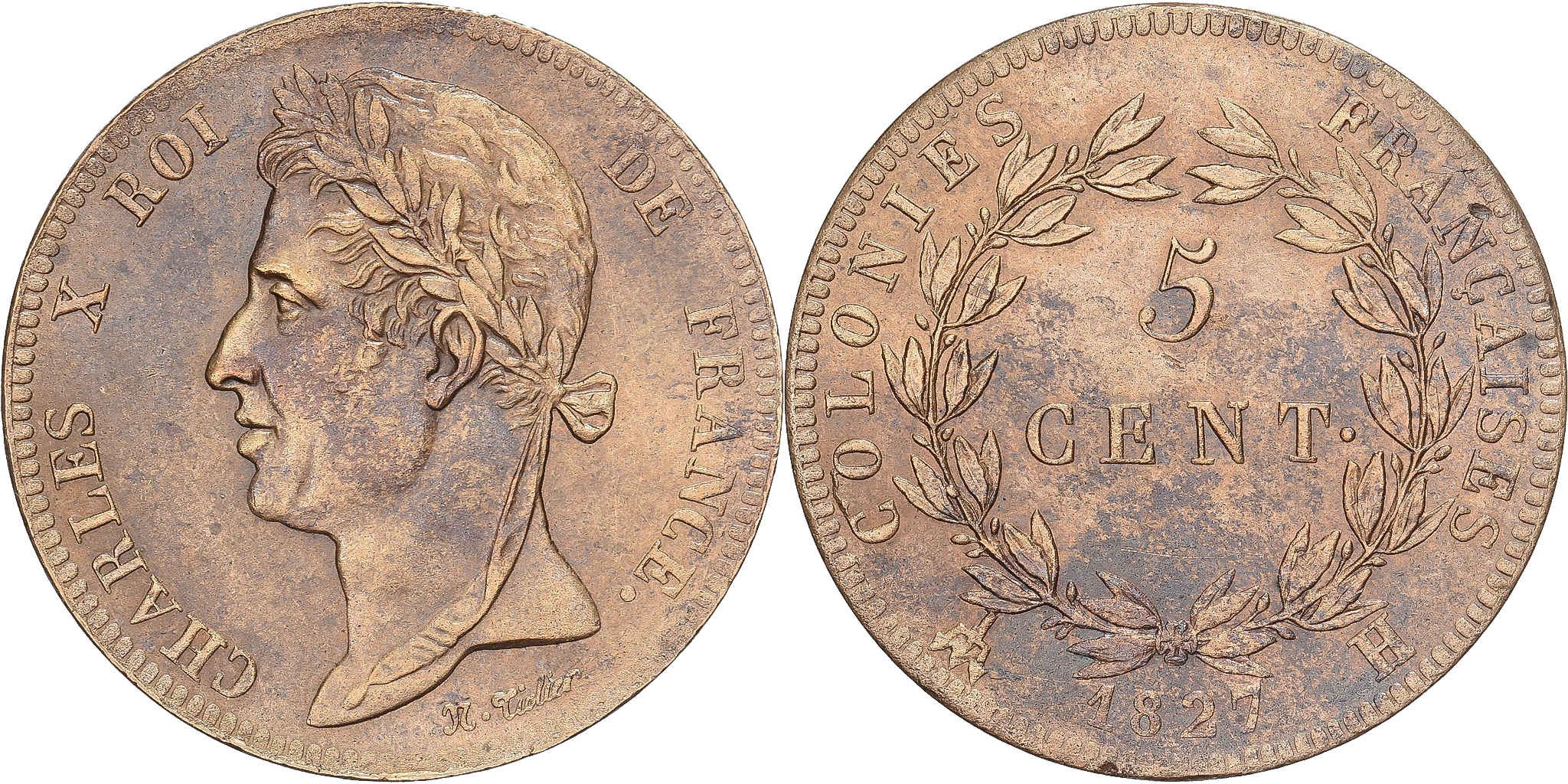 Martinique and Guadeloupe, Charles X, 5 Centimes, 1827, La