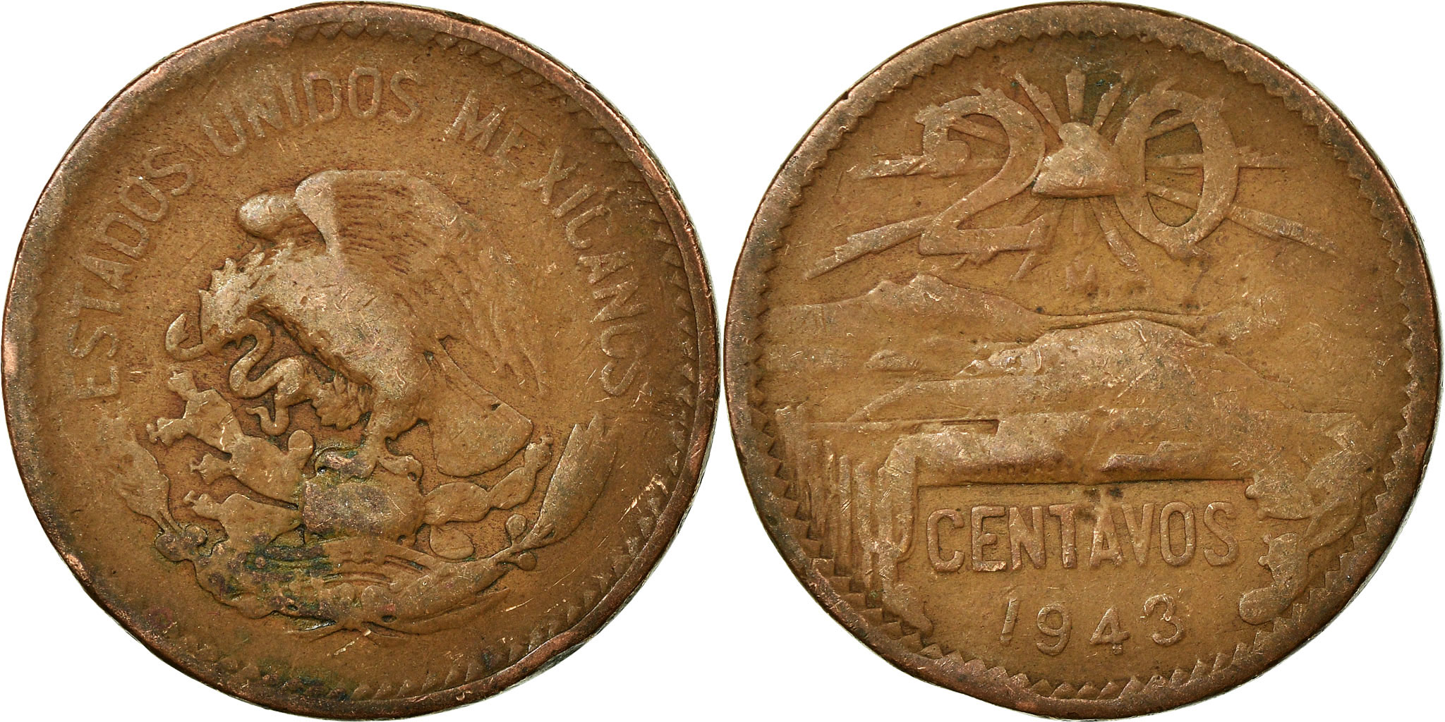 Coin Mexico 20 Centavos 1943 Mexico City Bronze KM 439