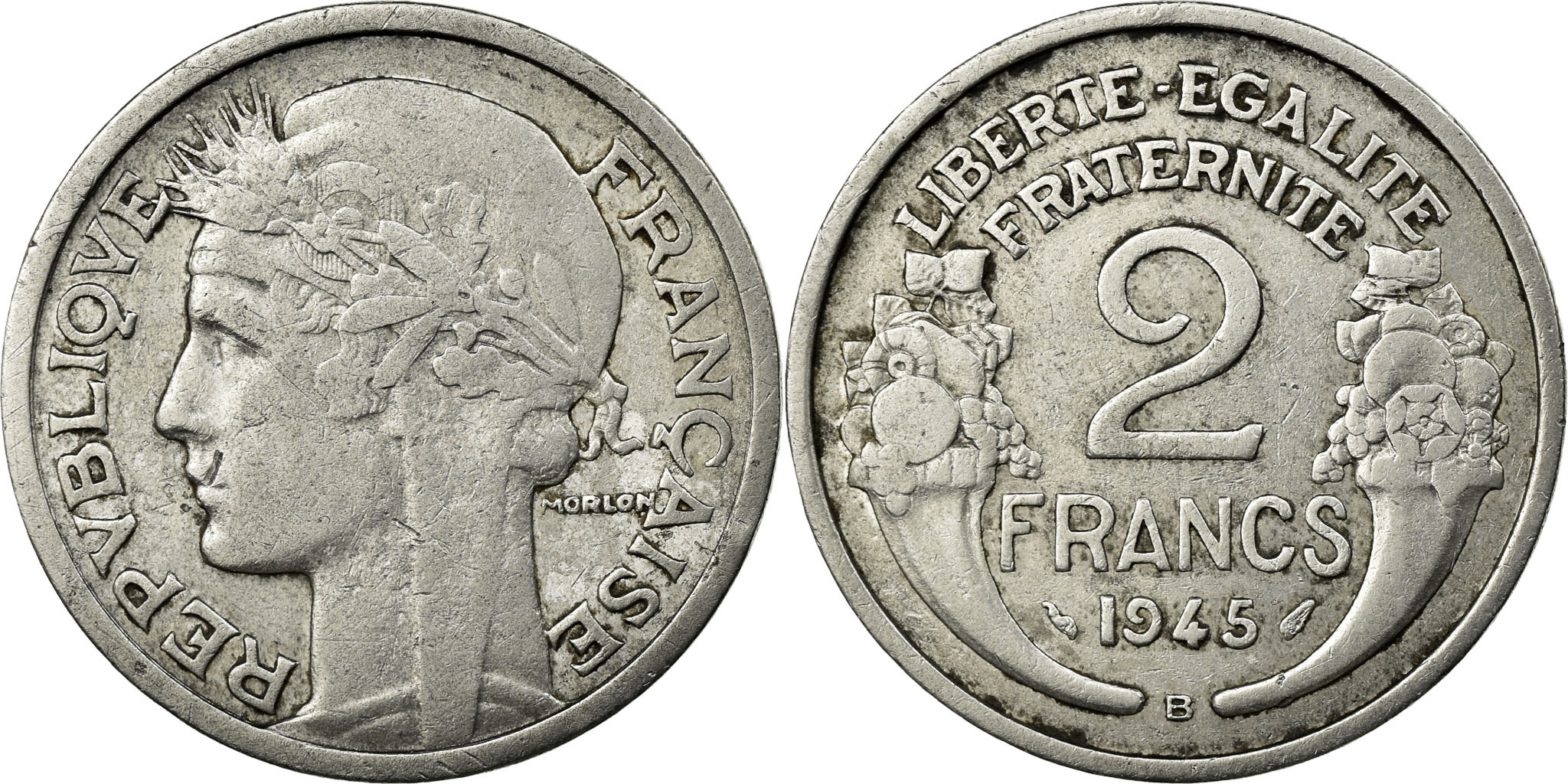 Coin, France, Morlon, 2 Francs, 1945, Beaumont le Roger, , Aluminum