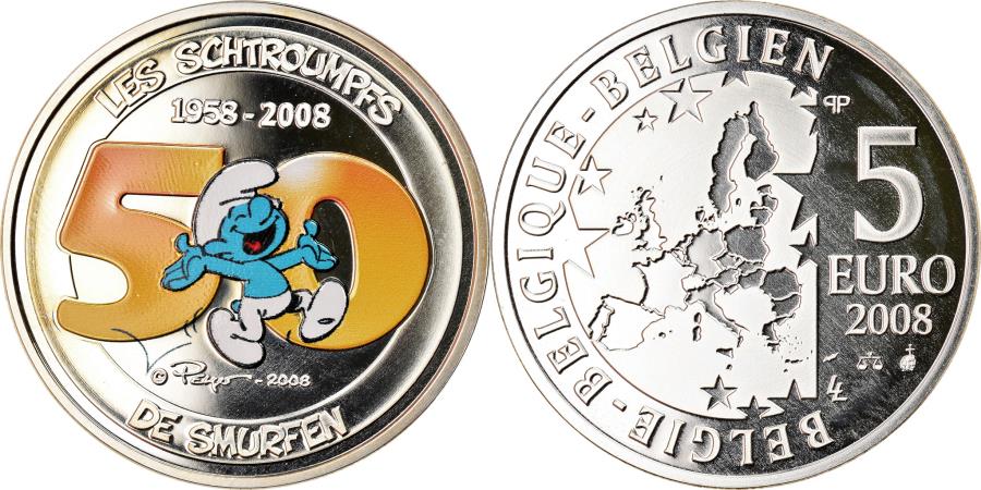 Belgium, 5 Euro, Smurfs, 2008, Colourized, , Silver, KM:270a
