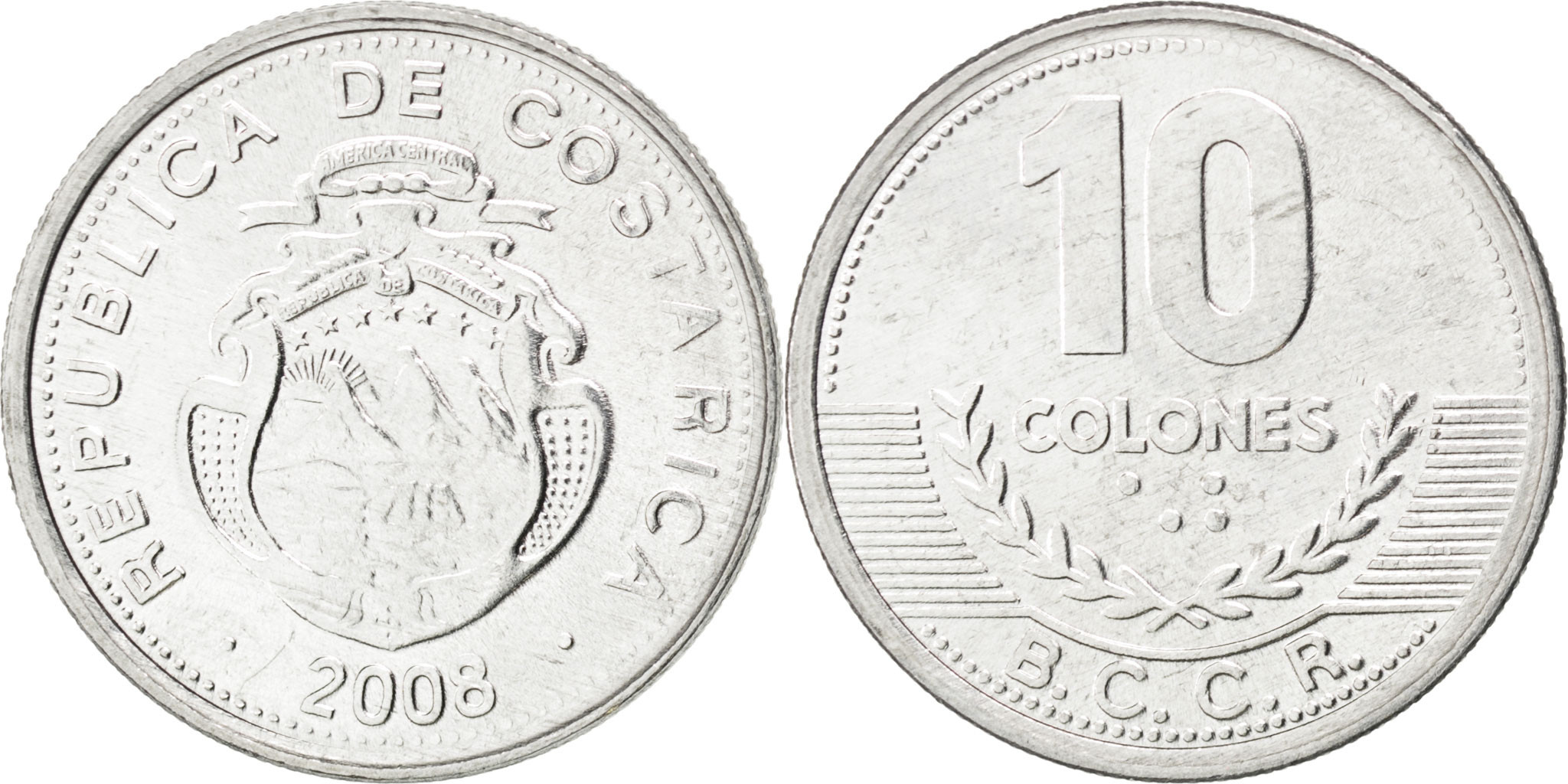 COSTA RICA, 10 Colones, 2008, KM #228b, , Aluminum, 22.97, 1.15