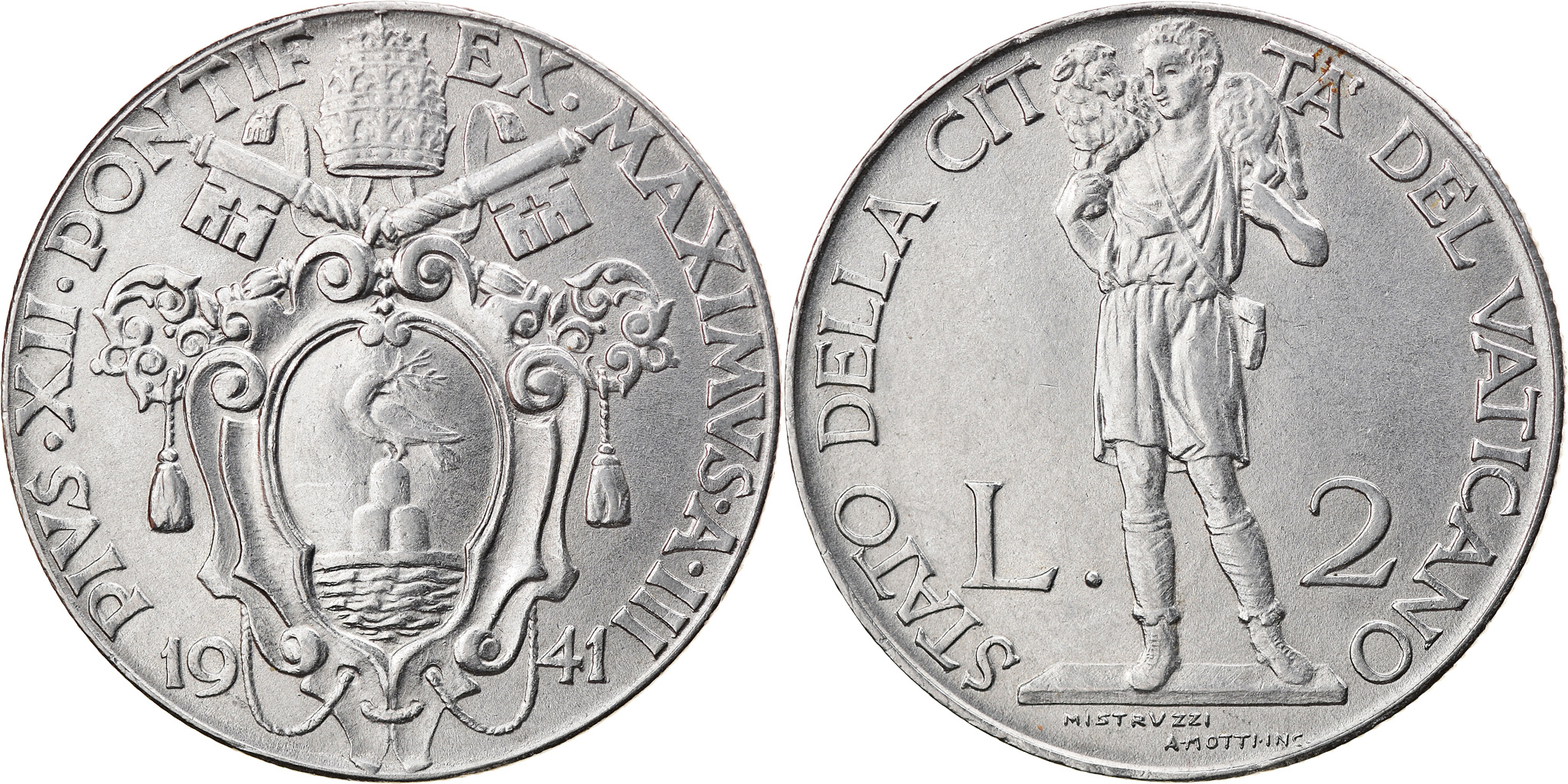 Coin, VATICAN CITY, Pius XII, 2 Lire, 1941, , Stainless Steel, KM:27A