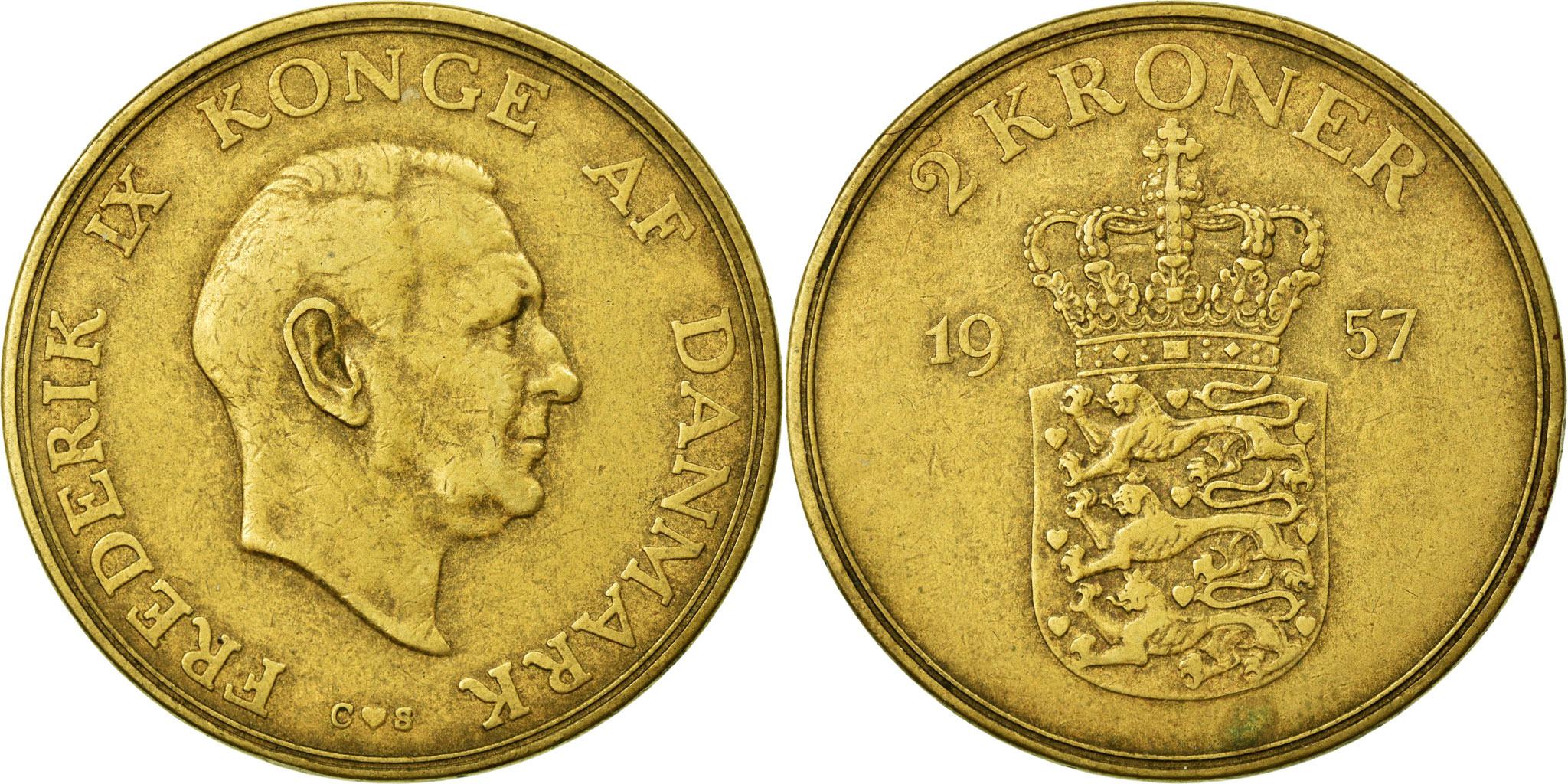 Coin, Denmark, Frederik IX, 2 1957, , Aluminum-Bronze, KM:838.2