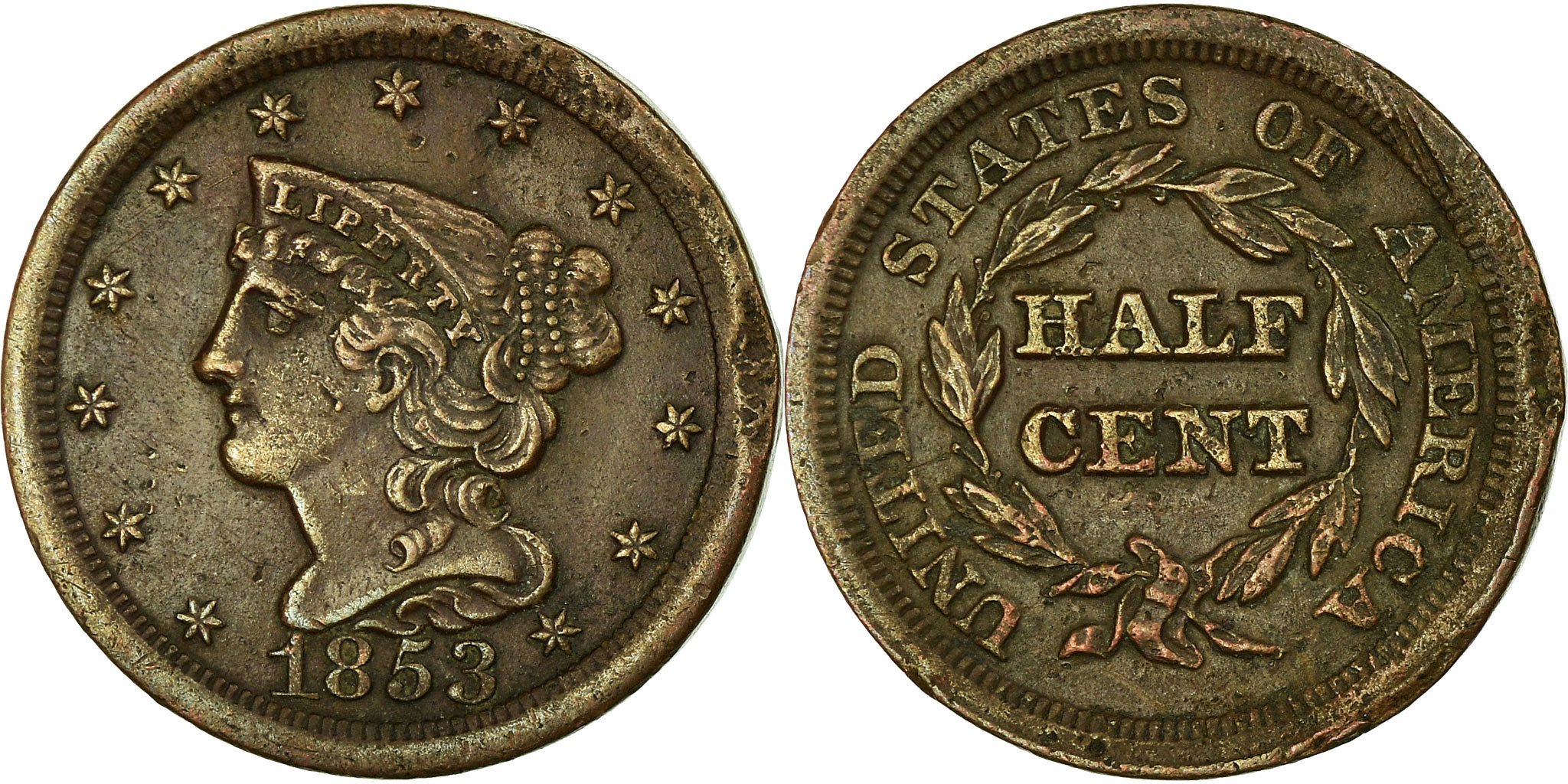 Coin, United States, Braided Hair Half Cent, Half Cent, 1853, U.S. Mint