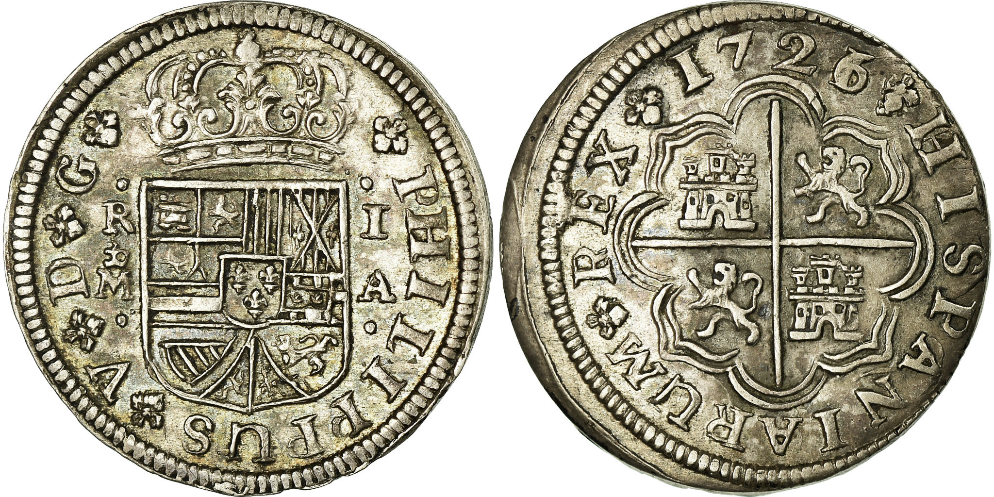 1724年J スペイン　フィリップ5世 セビリア フィリップス 2レアル銀貨 1724年J スペイン フィリップ5世 セビリア フィリップス 2レアル