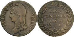 World Coins - France, 5 Centimes, Dupré, AN 9, Geneva, Bronze, , Gadoury:126b