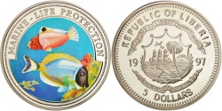 World Coins - Liberia, 5 Dollars Marine Life Protection, 1997, , Silver