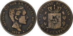 World Coins - Spain, Alfonso XII, 10 Centimos, 1878, Barcelona, Bronze,