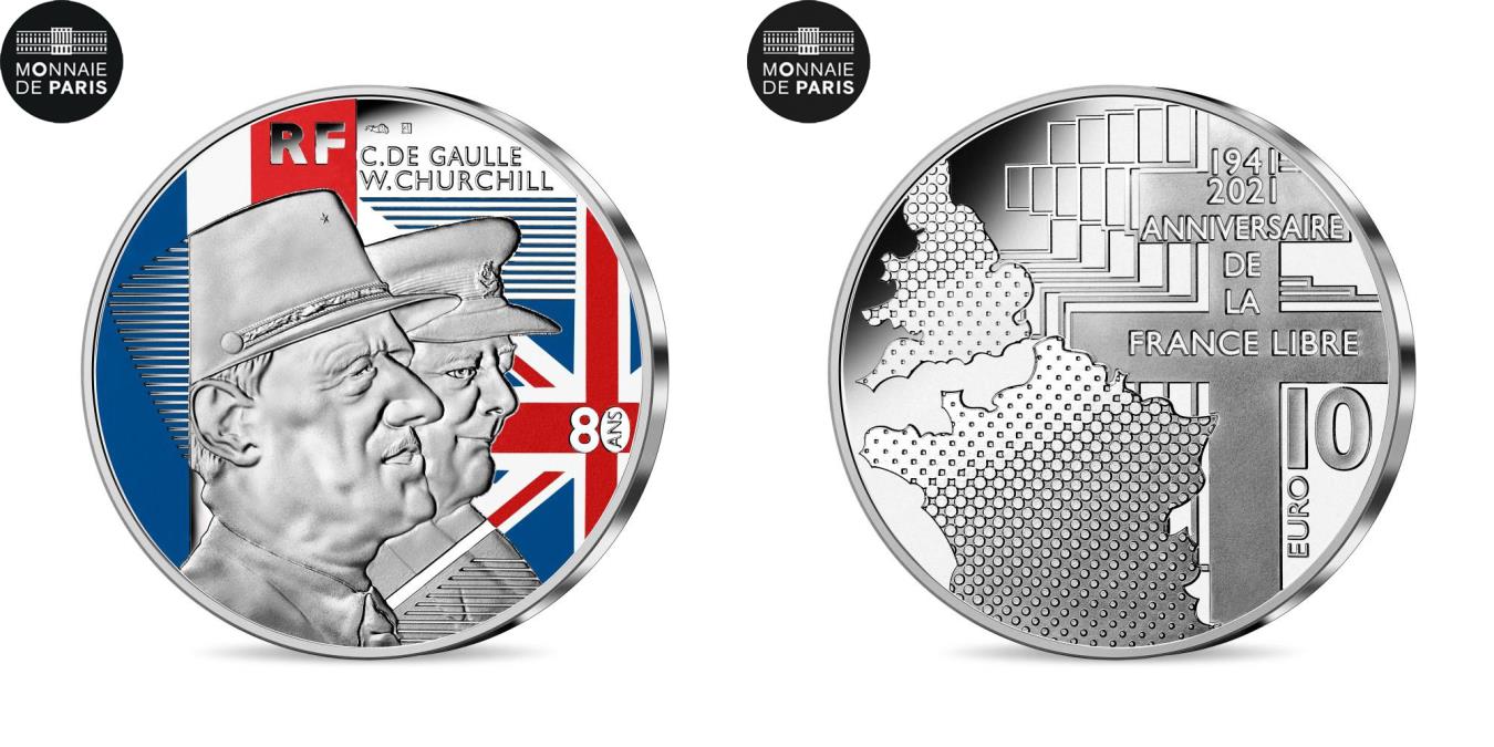 希少 CHARLES DE GAULLE パッチ France, 10 Euro, 2021, De Gaulle - Churchill, , Silver | European