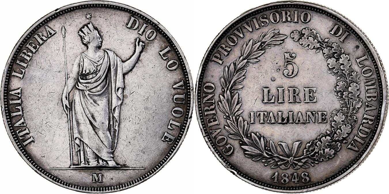 Italy, 5 Lire, 1848, Milan, Silver, , KM:22.1 | European Coins