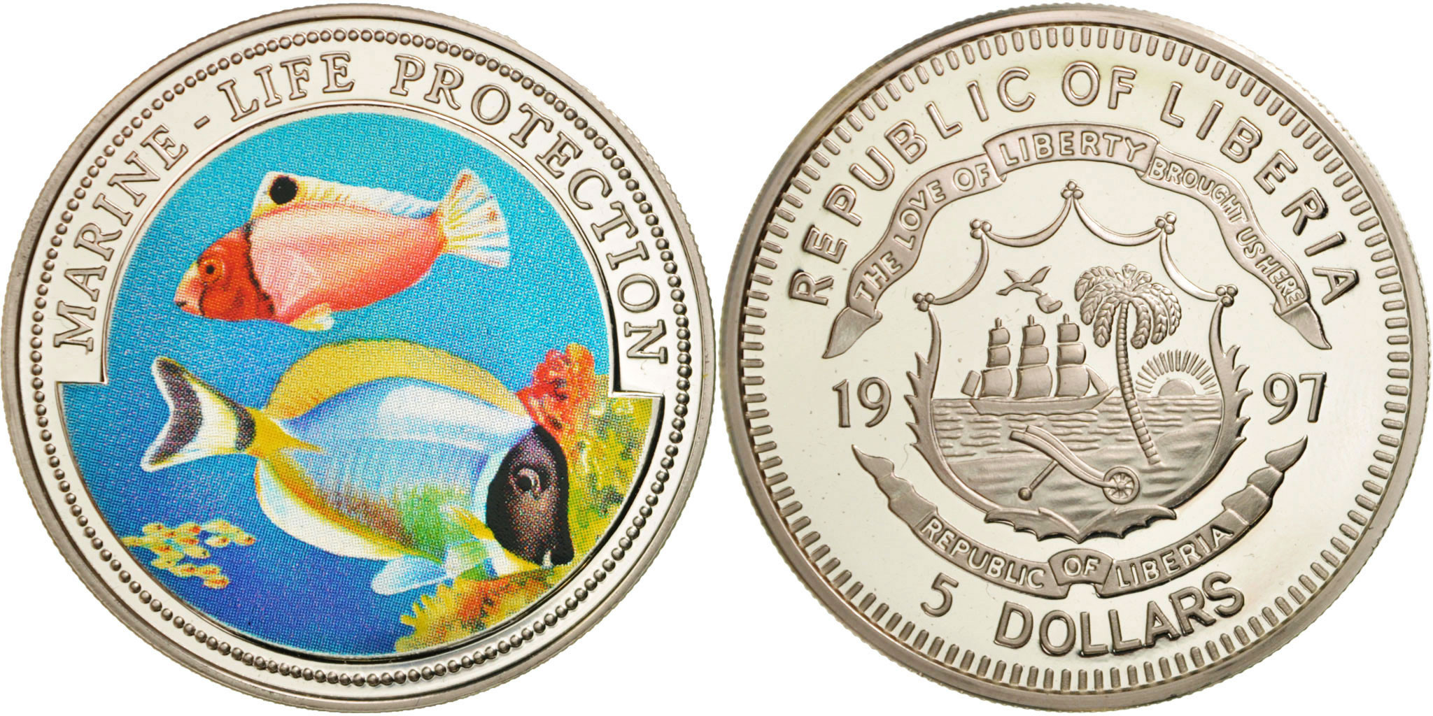 Liberia 5 Dollars Marine Life Protection 1997 Silver