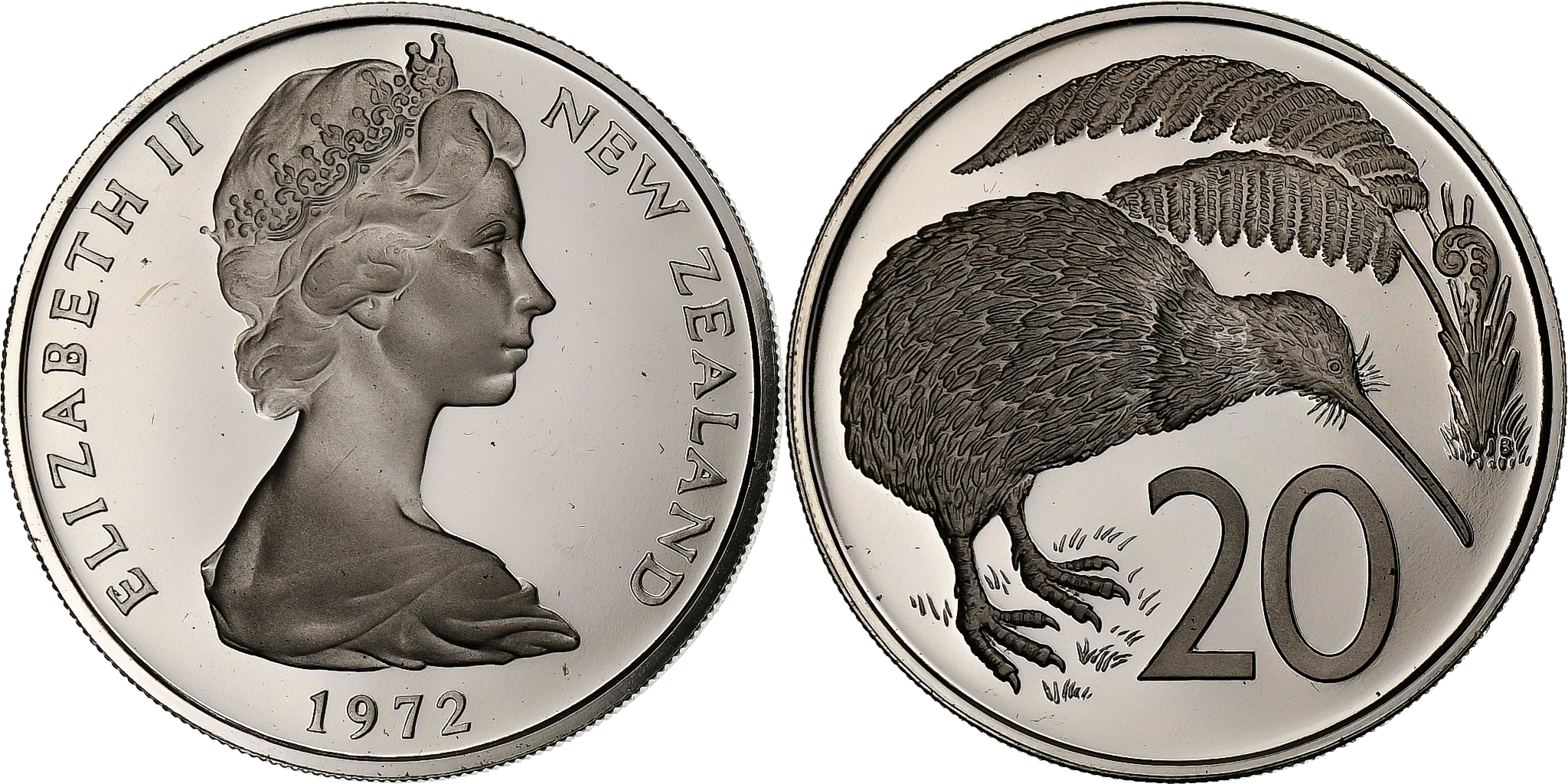 カイエ 1957-1972 New Zealand, Elizabeth II, 20 Cents, 1972, Copper-nickel