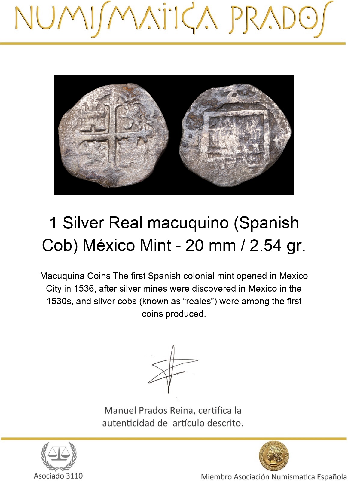 1 Silver Real macuquino (Spanish Cob) México Mint - 20 mm / 2.54 gr.