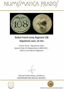 Ancient Coins - Button French army, Regiment 108, Napoleonic wars, 16 mm.