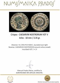 Ancient Coins - Crispus - CAESARVM NOSTRORUM VOT V, Arles - 18 mm / 2.35 gr.