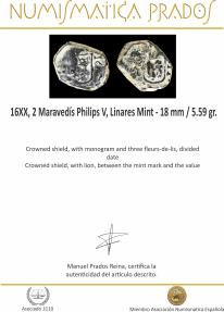 Ancient Coins - 16XX, 2 Maravedís Philips V, Linares Mint - 18 mm / 5.59 gr