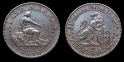 Ancient Coins - 1870, 5 Centimos Provisional Spanish Government, Barcelona Mint - 25 mm / 4,99 gr.