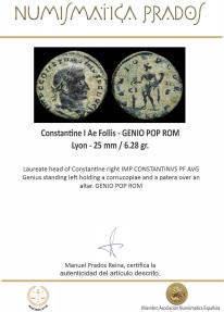 Ancient Coins - Constantine I Ae Follis - GENIO POP ROM, Lyon - 25 mm / 6.28 gr.