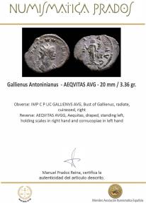 Ancient Coins - Gallienus Antoninianus - AEQVITAS AVG - 20 mm / 3.36 gr.