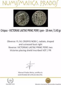 Ancient Coins - Crispus - VICTORIAE LAETAE PRINC PERP, Lyon - 18 mm / 3.43 gr.