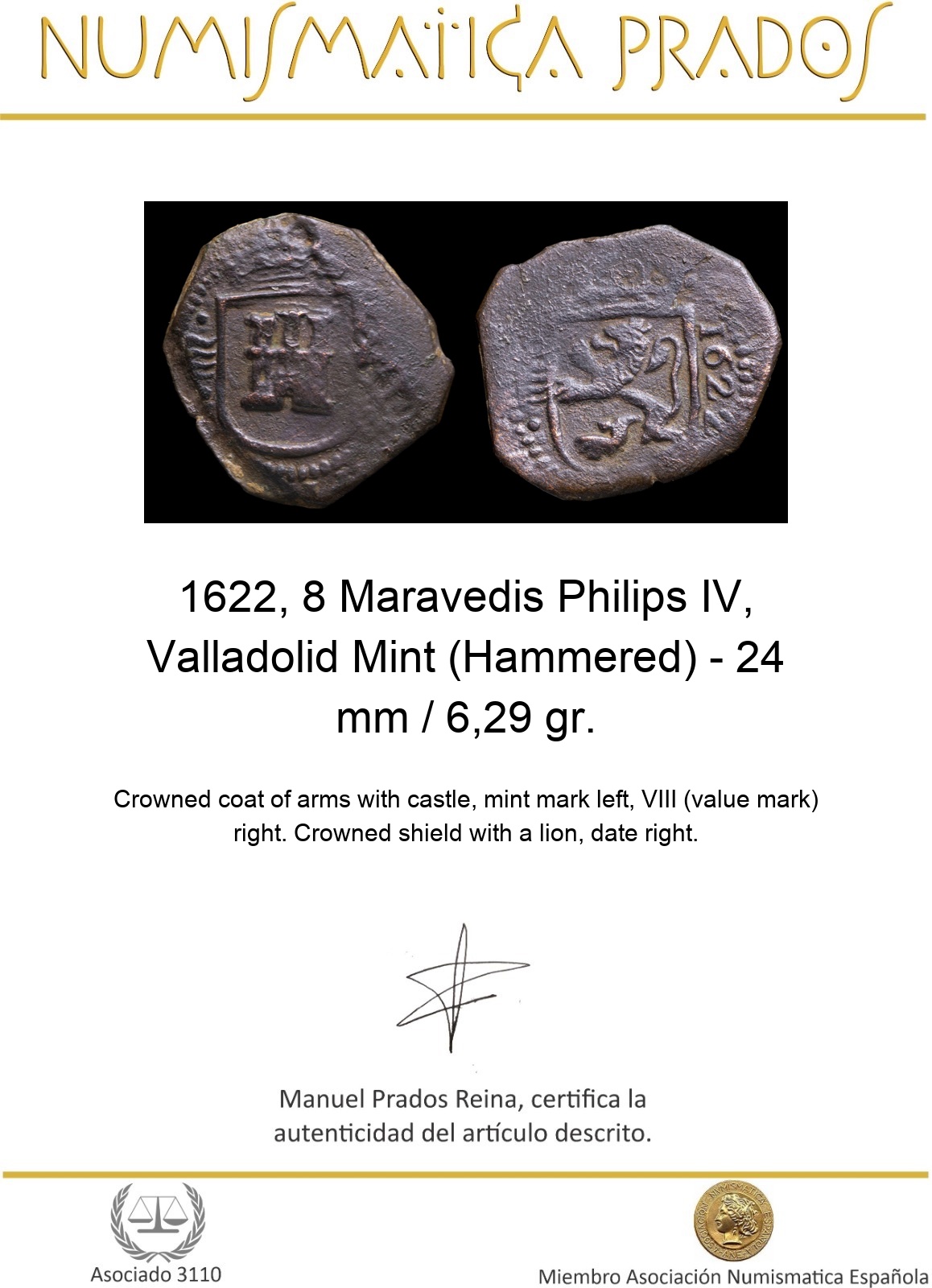 1622, 8 Maravedis Philips IV, Valladolid Mint (Hammered) - 24 mm