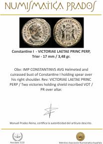 Ancient Coins - Constantine I - VICTORIAE LAETAE PRINC PERP, Trier - 17 mm / 3,48 gr.