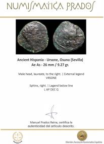 Ancient Coins - Ancient Hispania - Ursone, Osuna (Sevilla) Ae As - 26 mm / 9.27 gr.