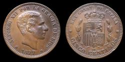 Ancient Coins - 1877, 5 Centimos Alfonso XII, Barcelona Mint - 25 mm / 4,93 gr.