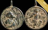 Ancient Coins - Religious medal XVI-XVII centuries, Santa Barbara / San Jeronimo - 44x34 mm.