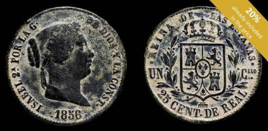 Ancient Coins - 1856, 25 Centimos Escudo Isabel II, Segovia Mint - 27 mm / 9.44 gr.