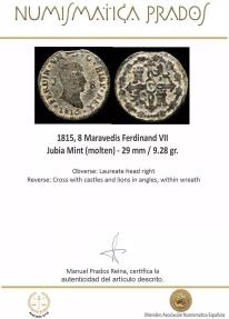 Ancient Coins - 1815, 8 Maravedis Ferdinand VII, Jubia Mint (molten) - 29 mm / 9.28 gr.