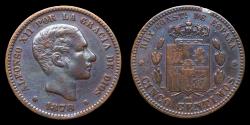 Ancient Coins - 1878, 5 Centimos Alfonso XII, Barcelona Mint - 25 mm / 5,01 gr.