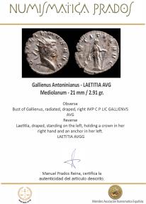Ancient Coins - Gallienus Antoninianus - LAETITIA AVG, Mediolanum - 21 mm / 2.91 gr.
