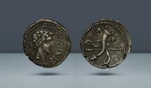 Ancient Coins - Kingdom of Mauretania. Juba II, 29-24 BC. Caesarea, 25 BC - AD 24, AR Denarius, 2.86g (19mm, 6h). Ex CNG, Auction 93, 22 May 2013, lot 632