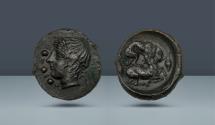Ancient Coins - SICILY. Piakos (Piacus). c. 425-410 BC. AE Tetras. Purchased privately from Ed Waddell