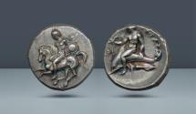 Ancient Coins - CALABRIA. Tarentum. c. 302-280 BC. AR Nomos. Ex CNG 87, 18 May 2011, lot 122