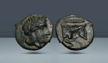 Ancient Coins - CAMPANIA. Neapolis. c. 325-320 BC. AE Third Unit. Ex Arthur Sambon, Paris, 26 May 1925, lot 49. Ex Hess-Leu 28, 1965, lot 9. Ex Athos Moretti, Basel, no. 46. NAC 13, 1998, lot 46