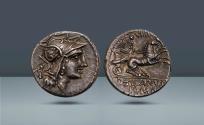 Ancient Coins - Roman Republic, Italy. D. Iunius Silanus L.f., Rome, c. 91 BC, AR Denarius, 3.82g (17mm, 11h). Ex Rodolfo Ratto 24 Feb 1930, Joseph Martini, 711