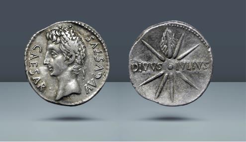 Octavian as Augustus. DIVVS IVLIVS Comet Issues. 27 BC - 14 AD. Spain,  Caesaraugusta, 19-18 BC. AR Denarius