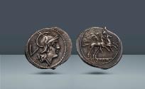 Ancient Coins - Roman Republic, Italy. Anonymous, Rome, c. 214-213 BC, AR Quinarius, 2.23g (17mm, 6h). Pedigree: From the collection of Carl Subak. Privately purchased from Baldwin's in 2002.