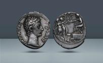Ancient Coins - Roman Empire, Gaul. Augustus, 27 BC-AD 14. Lugdunum, c. 15-13 BC, AR Denarius, 3.85g (19.5mm, 6h).Ex Naville Geneve XV, 2 July 1930, lot 1343