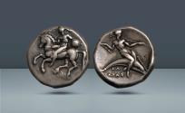 Ancient Coins - CALABRIA, Tarentum. c. 344-340 BC, AR Nomos. Ex Evans and Vlasto Collection
