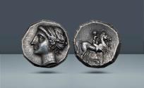 Ancient Coins - Calabria, Tarentum, c. 281 - 228 BC, AR Didrachm, 7.45g (19mm, 6h). Ex Kricheldorf, Auction XI (1962), Lot 19. Ex Gorny & Mosch 310, Lot 33