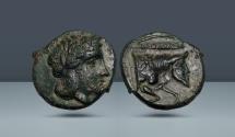 Ancient Coins - CAMPANIA, Neapolis. c. 325-320 BC, AE Third Unit. Ex Arthur Sambon, Paris, 26 May 1925, lot 49. Ex Hess-Leu 28, 1965, lot 9