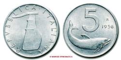 World Coins - Italian Republic 5 LIRE 1956 DELFINO 58/70 RARE (R) World coin for sale
